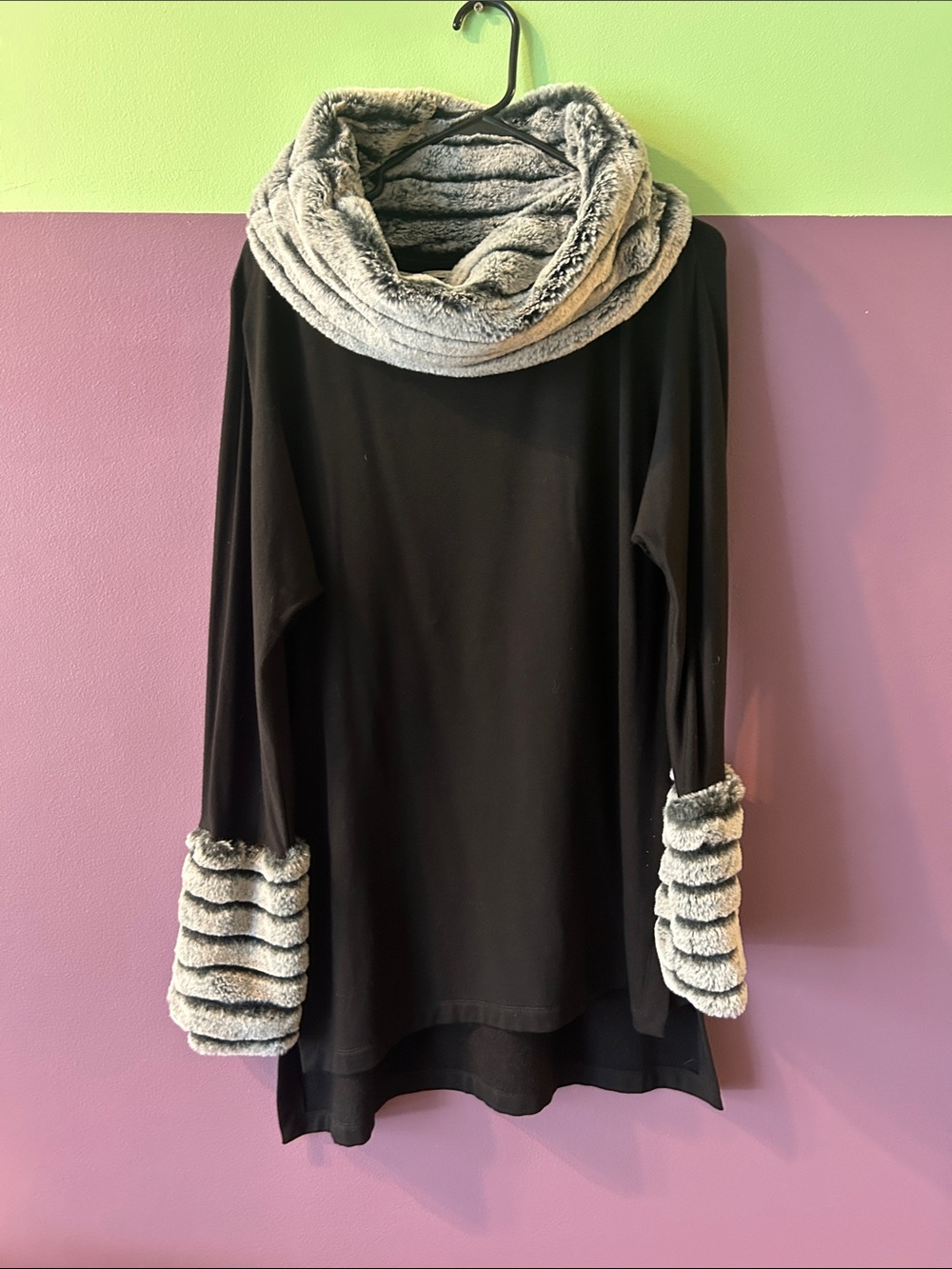 Soft Surroundings Black Tunic Sweater with Gray Faux-Fur Cowl & Cuffs